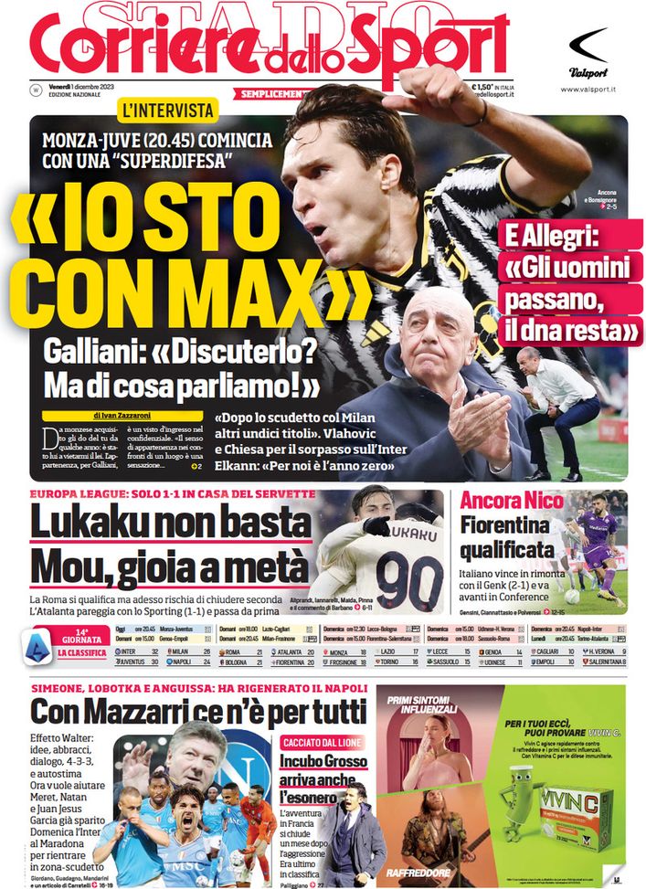 Il Corriere dello Sport, la prima pagina di oggi, venerdì 1° dicembre 2023 Il Corriere dello Sport