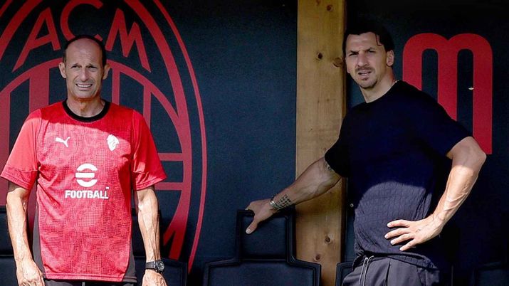Massimiliano Allegri, allenatore AC Milan, qui a Milanello con Zlatan Ibrahimovic, Senior Advisor di RedBird e Gerry Cardinale per il club rossonero