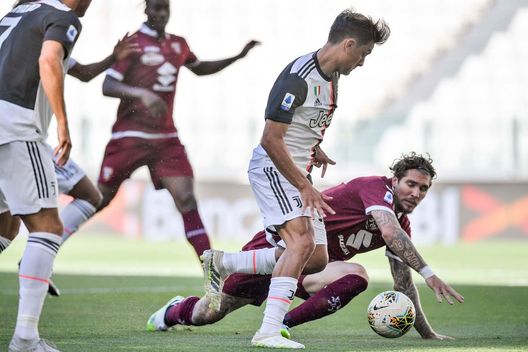 TURIN, ITALY - JULY 04: Paulo Dybala of Juventus scores his team's first goal during the Serie A match between Juventus and Torino FC at Allianz Stadium on July 04, 2020 in Turin, Italy. (Photo by Daniele Badolato - Juventus FC/Juventus FC via Getty Images)