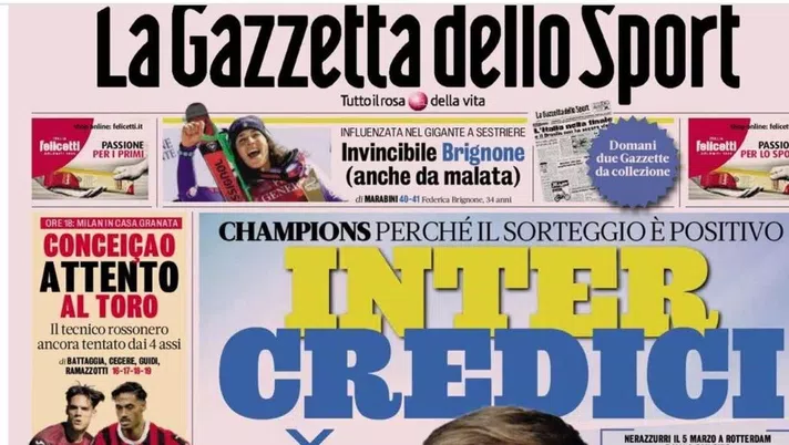 PRIMA PAGINA GAZZETTA DELLO SPORT OGGI: “Inzaghi al rinnovo, ci metto la firma”