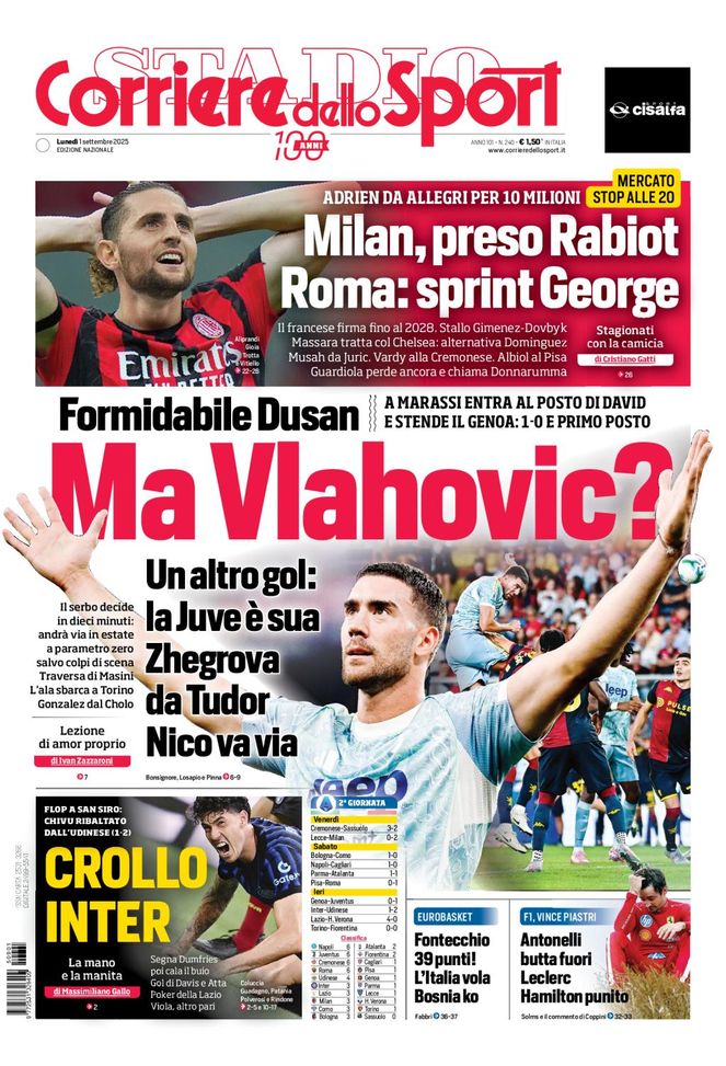 Il Corriere dello Sport, la prima pagina di oggi, lunedì 1° settembre 2025 Il Corriere dello Sport