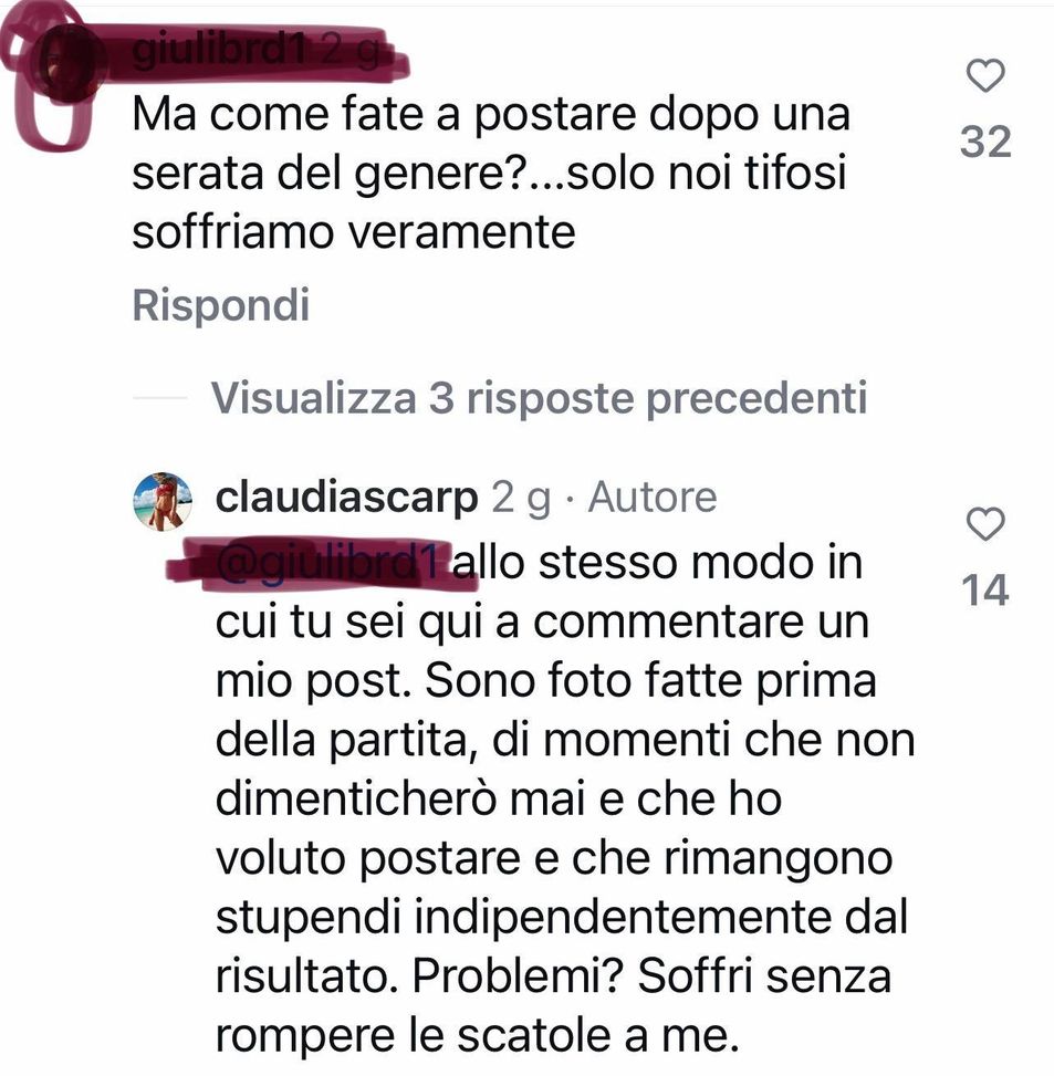 Tifosa alla moglie di Acerbi: “Ma come fate a postare in questo momento?”, Claudia: “Soffri…”- immagine 3