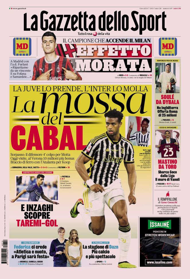 La Gazzetta dello Sport, la prima pagina di oggi, giovedì 18 luglio 2024