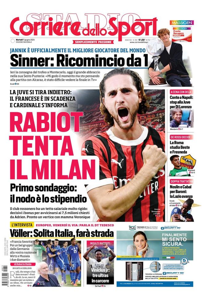 EDICOLA CDS / Rabiot tenta il Milan. Conte a Napoli: stop alla Juve per Di Lorenzo - immagine 1