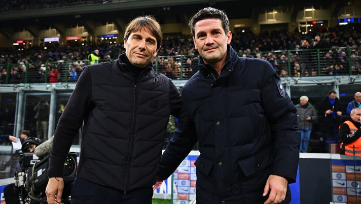 MILAN, ITALY - JANUARY 11: Head Coach of SSC Napoli Antonio Conte and Head Coach of FC Internazionale Cristian Chivu look on prior to the Serie A match between FC Internazionale and SSC Napoli at Giuseppe Meazza Stadium on January 11, 2026 in Milan, Italy. (Photo by Mattia Ozbot - Inter/Inter via Getty Images) serena chivu conte scudetto