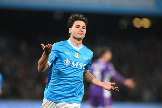NAPLES, ITALY - JANUARY 31: Antonio Vergara of SSC Napoli celebrates after scoring the opening goal during the Serie A match between SSC Napoli and ACF Fiorentina at Stadio Diego Armando Maradona on January 31, 2026 in Naples, Italy. (Photo by SSC NAPOLI/SSC NAPOLI via Getty Images)