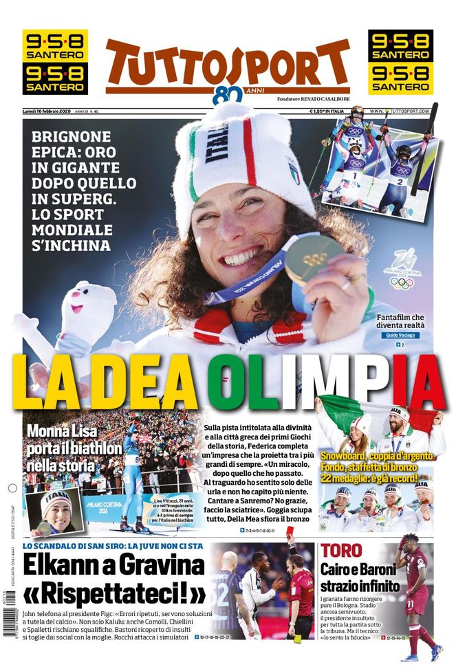 Tuttosport, la prima pagina di oggi, lunedì 16 febbraio 2026 Tuttosport