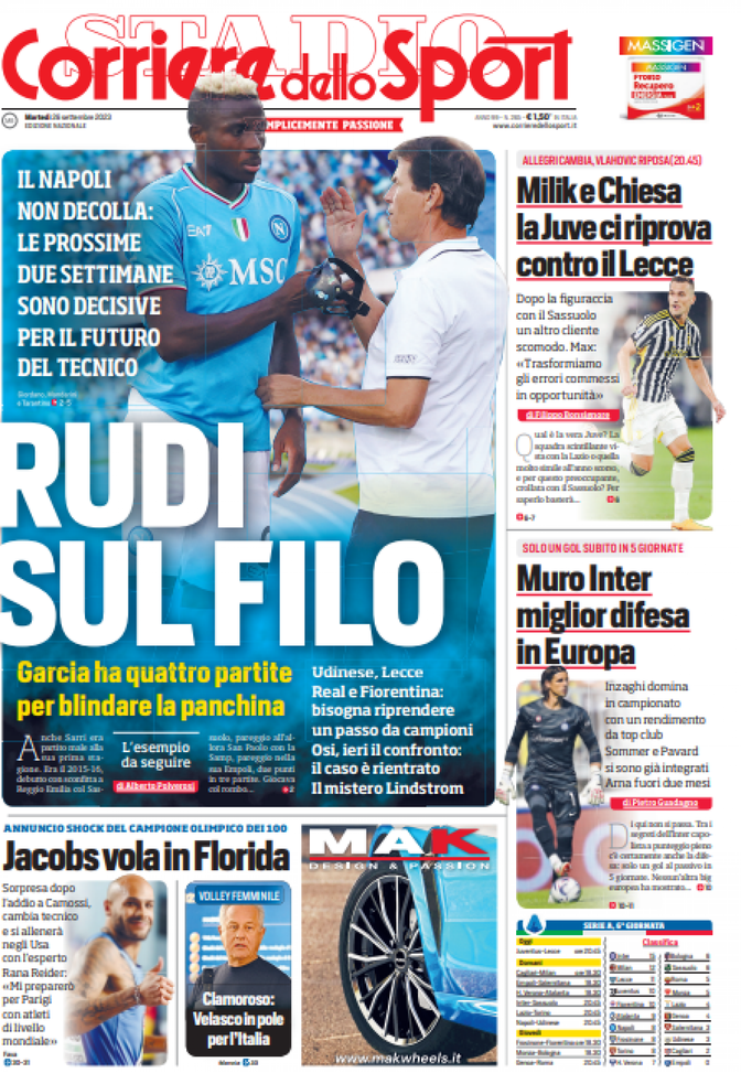 Prima pagina Il Corriere dello Sport 26-09-2023