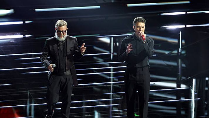 SANREMO, ITALY - FEBRUARY 24: Marco Masini and Fedez attend the 76th Sanremo Music Festival 2026 at Teatro Ariston on February 24, 2026 in Sanremo, Italy. (Photo by D.Venturelli/Getty Images) Fedez MASINI