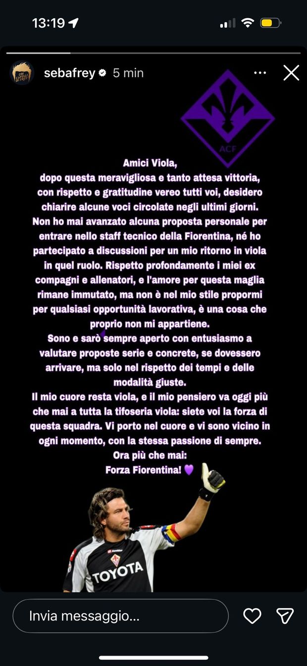 Frey chiarisce: “Mai chiesto un ruolo nella Fiorentina, il mio cuore resta viola”- immagine 2