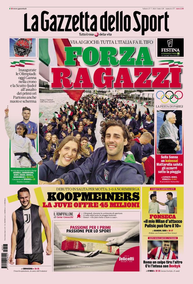 Prima Pagina Gazzetta dello Sport 27 luglio
