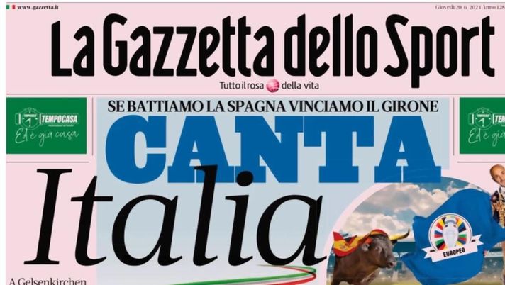 PRIMA PAGINA GAZZETTA DELLO SPORT OGGI: “Canta Italia, se battiamo la Spagna vinciamo il girone” PRIMA PAGINA GAZZETTA DELLO SPORT OGGI: “Inzaghi al rinnovo, ci metto la firma”