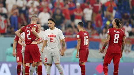 DOHA, QATAR - DECEMBER 02: Strahinja Pavlovic of Serbia and Noah Okafor of Switzerland speak during the FIFA World Cup Qatar 2022 Group G match between Serbia and Switzerland at Stadium 974 on December 02, 2022 in Doha, Qatar. (Photo by Michael Steele/Getty Images)