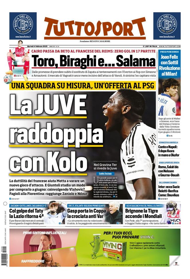 Tuttosport, la prima pagina di oggi, martedì 4 febbraio 2025 Tuttosport