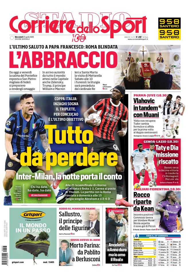 Il Corriere dello Sport, la prima pagina di oggi, mercoledì 23 aprile 2025
