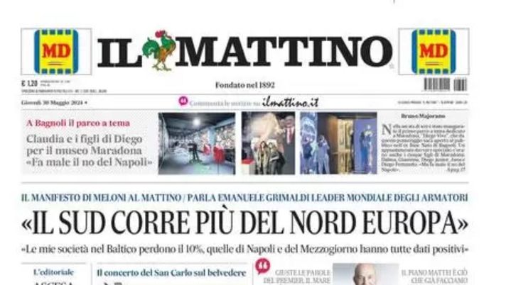 PRIMA PAGINA IL MATTINO OGGI: “Claudia e i figli di Diego per il museo Maradona” prima pagina il mattino oggi