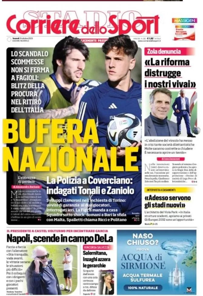 EDICOLA / CdS: Bufera Nazionale, scandalo scommesse: indagati Zaniolo e Tonali - immagine 1