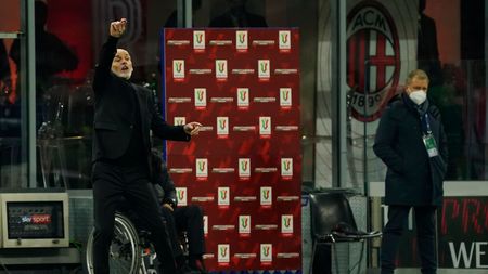 MILAN, ITALY - MARCH 01: Head Coach of AC Milan Stefano Pioli reacts during the Coppa Italia Semi Final 1st Leg match between AC Milan and FC Internazionale at Stadio Giuseppe Meazza on March 01, 2022 in Milan, Italy. (Photo by Pier Marco Tacca/AC Milan via Getty Images)