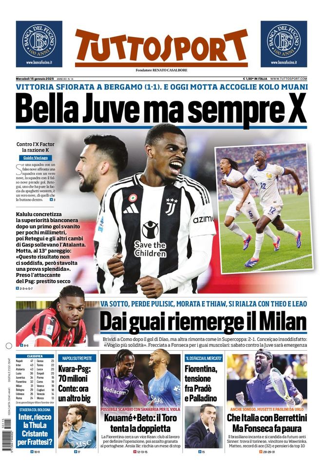 Tuttosport, la prima pagina di oggi, mercoledì 15 gennaio 2025 Tuttosport