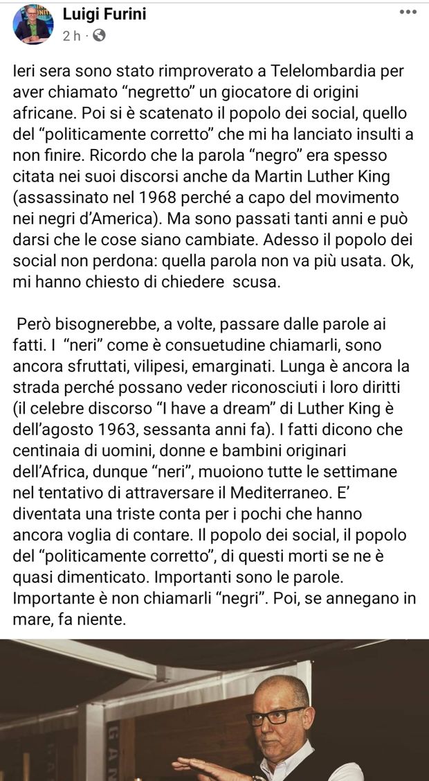 Furini e il “negretto” Lukaku: “I social guardano alle parole, non ai morti”- immagine 2
