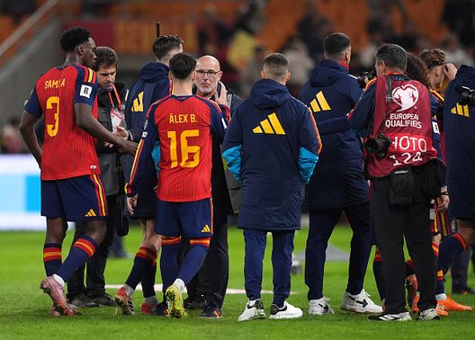 SIVIGLIA, SPAGNA - 18 NOVEMBRE: Alex Baena della Spagna stringe la mano a Luis De La Fuente, allenatore della Spagna, a fine partita dopo il pareggio della squadra nella partita di qualificazione alla Coppa del Mondo FIFA 2026 tra Spagna e Turchia all'Estadio de La Cartuja, il 18 novembre 2025 a Siviglia, Spagna. (Foto di Juan Manuel Serrano Arce/Getty Images) Spagna, Luis de la Fuente si scusa con il quarto uomo: “Dobbiamo essere un esempio”- immagine 2