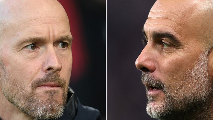FILE PHOTO (EDITORS NOTE: COMPOSITE OF IMAGES - Image numbers 1487800863, 1705851159) In this composite image a comparison has been made between Erik ten Hag, Manager of Manchester United (L) and Pep Guardiola, Manager of Manchester City. Manchester United and Manchester City meet in the Manchester derby at Old Trafford on October 29,2023 in Manchester, England. ***LEFT IMAGE*** BRIGHTON, ENGLAND - MAY 04: Manchester United manager Erik Ten Hag looks on ahead of the Premier League match between Brighton & Hove Albion and Manchester United at American Express Community Stadium on May 04, 2023 in Brighton, England. (Photo by Mike Hewitt/Getty Images) ***RIGHT IMAGE*** NEWCASTLE UPON TYNE, ENGLAND - SEPTEMBER 27: Pep Guardiola, Manager of Manchester City, looks on during the Carabao Cup Third Round match between Newcastle United and Manchester Cityat St James' Park on September 27, 2023 in Newcastle upon Tyne, England. (Photo by George Wood/Getty Images) Manchester derby, ten Hag “Casemiro, corsa contro il tempo” – Guardiola “United tosto” - immagine 1
