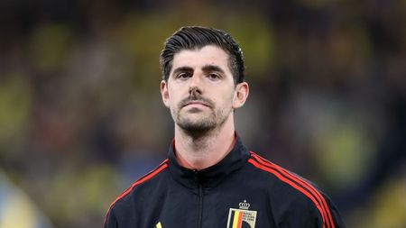 STOCKHOLM, SWEDEN - MARCH 24: Thibaut Courtois of Belgium looks on prior to the UEFA EURO 2024 qualifying round group F match between Sweden and Belgium at Friends Arena on March 24, 2023 in Stockholm, Sweden. (Photo by Linnea Rheborg/Getty Images)