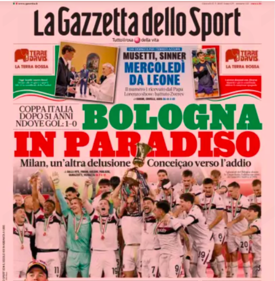 Il Bologna vince la Coppa Italia: le prime pagine dei giornali- immagine 2