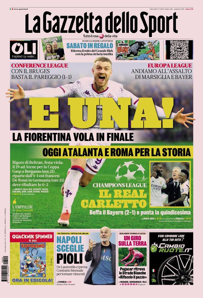 La Gazzetta dello Sport, la prima pagina di oggi, giovedì 9 maggio 2024 La Gazzetta dello Sport