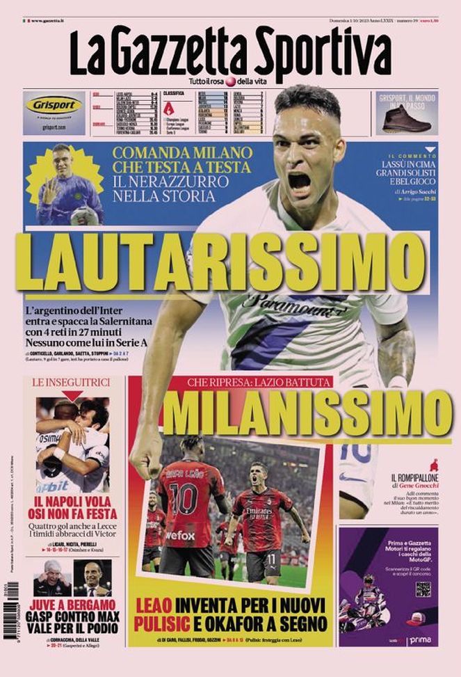 Prima pagina de La Gazzetta dello Sport 01-10-2023