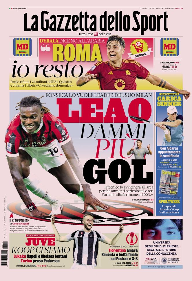 La Gazzetta dello Sport, la prima pagina di oggi, venerdì 23 agosto 2024