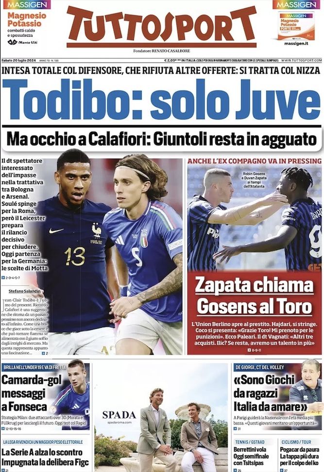 Tuttosport, la prima pagina di oggi, sabato 20 luglio 2024