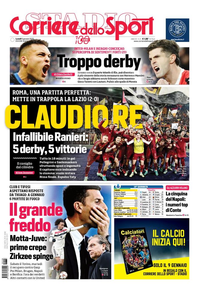 Il Corriere dello Sport, la prima pagina di oggi, lunedì 6 gennaio 2025 Il Corriere dello Sport