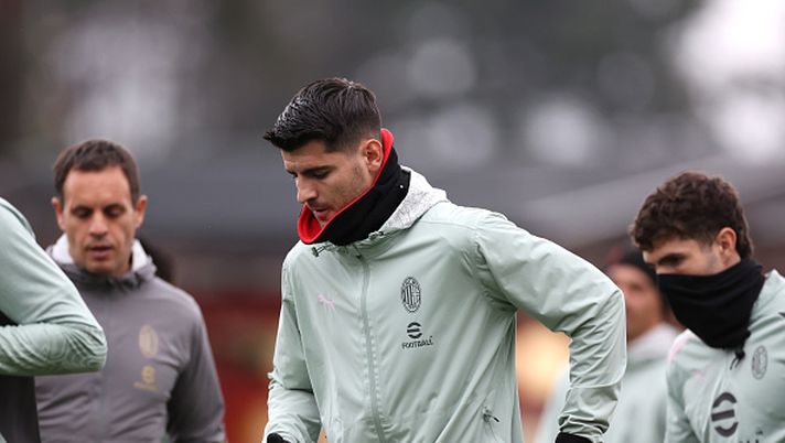 CAIRATE, ITALY - JANUARY 28: Alvaro Morata of AC Milan in action during the UEFA Champions League 2024/25 League Phase MD8 training session at Milanello on January 28, 2025 in Cairate, Italy. (Photo by Claudio Villa/AC Milan via Getty Images)  Morata Torres