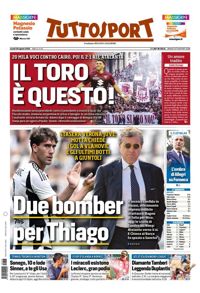 Tuttosport, la prima pagina di oggi, lunedì 26 agosto 2024 Tuttosport
