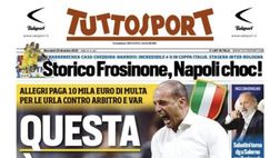 LA PRIMA PAGINA di TUTTOSPORT: “Storico Frosinone, Napoli choc”