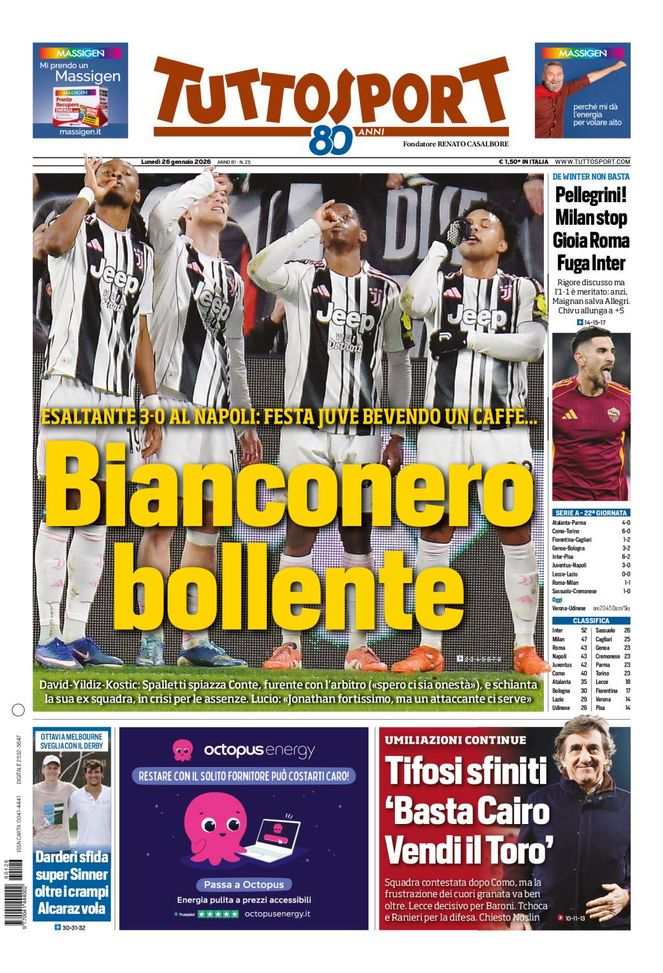 Tuttosport, la prima pagina di oggi, lunedì 26 gennaio 2026 Tuttosport