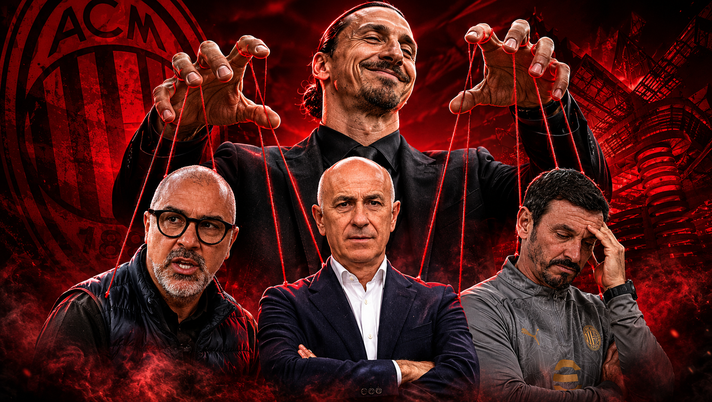 I piani e i progetti futuri del Milan Futuro, targato Ibrahimovic, Kirovski e Vergine. Nodo panchina: Oddo è in partenza (credits foto: PianetaMilan.it) Grafica giornalistica del Milan con Zlatan Ibrahimovic come burattinaio che muove i fili sopra Vincenzo Vergine e l'area tecnica rossonera su sfondo rosso.