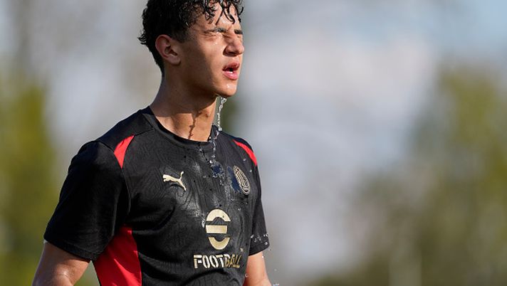 MILAN, ITALY - MARCH 25:  ADam Bakoune of AC Milan U20 attends an AC Milan U20 training session at Vismara PUMA House of Football on March 25, 2025 in Milan, Italy. (Photo by Pier Marco Tacca/AC Milan via Getty Images)  Bakoune