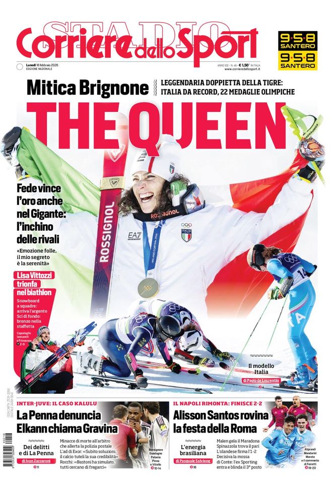 Il Corriere dello Sport, la prima pagina di oggi, lunedì 16 febbraio 2026 Il Corriere dello Sport