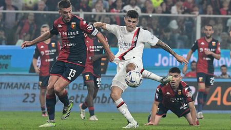 GENOA, ITALY - OCTOBER 07: Christian Pulisic of AC Milan scores a goal during the Serie A TIM match between Genoa CFC and AC Milan at Stadio Luigi Ferraris on October 07, 2023 in Genoa, Italy. (Photo by Claudio Villa/AC Milan via Getty Images)