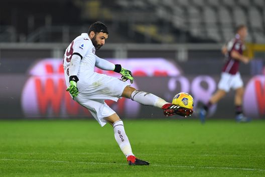 TURIN, ITALY - DECEMBER 12: Salvatore Sirigu of Torino F.C. clears the ball during the Serie A match between Torino FC and Udinese Calcio at Stadio Olimpico di Torino on December 12, 2020 in Turin, Italy. Sporting stadiums around Italy remain under strict restrictions due to the Coronavirus Pandemic as Government social distancing laws prohibit fans inside venues resulting in games being played behind closed doors. (Photo by Valerio Pennicino/Getty Images)