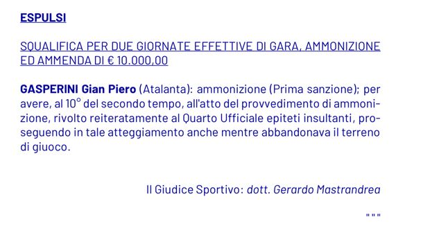 Gasperini squalificato per due giornate: salta Atalanta-Milan!