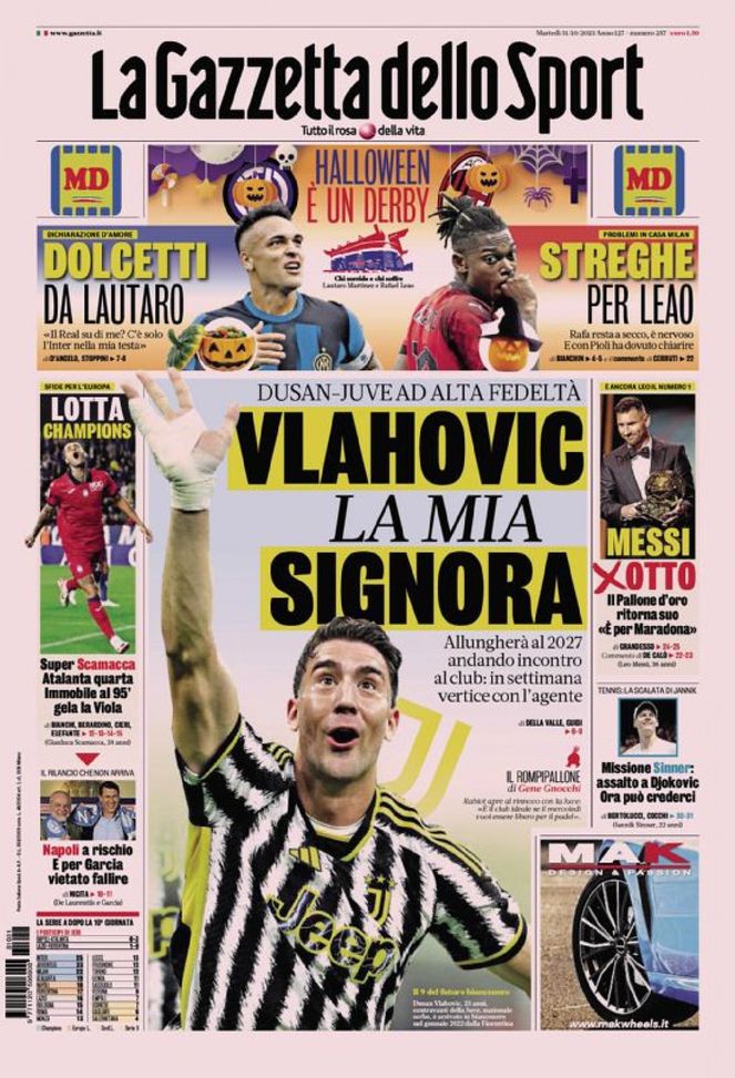 La prima pagina de La Gazzetta dello Sport 31-10-2023