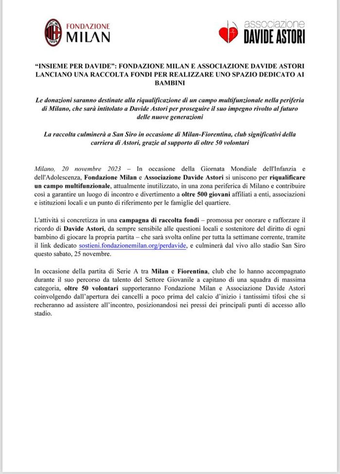 Milan-Fiorentina, pronta una raccolta fondi in ricordo di Astori- immagine 2