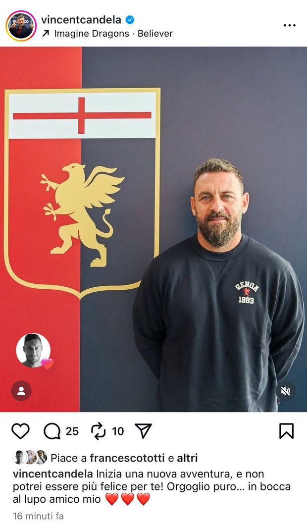De Rossi al Genoa, Candela: “Orgoglio puro”. E spunta il like di Totti – FOTO- immagine 2