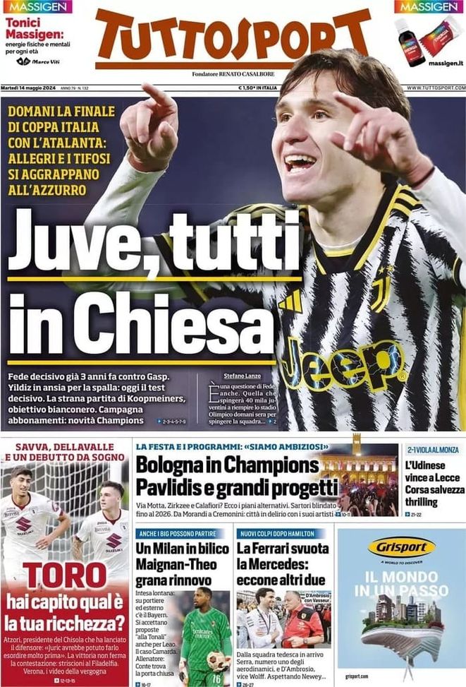 Tuttosport, la prima pagina di oggi, martedì 14 maggio 2024 Tuttosport