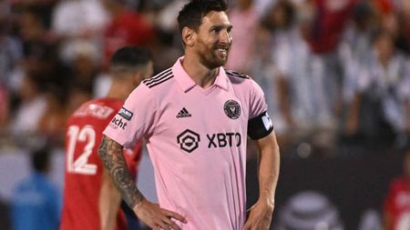 FRISCO, TEXAS - AUGUST 06: Lionel Messi #10 of Inter Miami CF reacts after scoring a goal in the first half during the Leagues Cup 2023 Round of 16 match between Inter Miami CF and FC Dallas at Toyota Stadium on August 06, 2023 in Frisco, Texas. (Photo by Logan Riely/Getty Images)