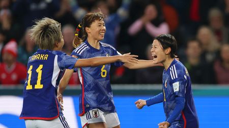 DUNEDIN, NEW ZEALAND - JULY 26: Hikaru Naomoto (R) of Japan celebrates with teammates Mina Tanaka (L) and Hina Sugita (C) after scoring her team's first goal during the FIFA Women's World Cup Australia & New Zealand 2023 Group C match between Japan and Costa Rica at Dunedin Stadium on July 26, 2023 in Dunedin, New Zealand. (Photo by Lars Baron/Getty Images)