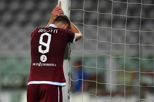 TURIN, ITALY - JULY 22: Andrea Belotti of Torino FC shows his dejection after strike a post during the Serie A match between Torino FC and Hellas Verona at Stadio Olimpico di Torino on July 22, 2020 in Turin, Italy. (Photo by Valerio Pennicino/Getty Images)